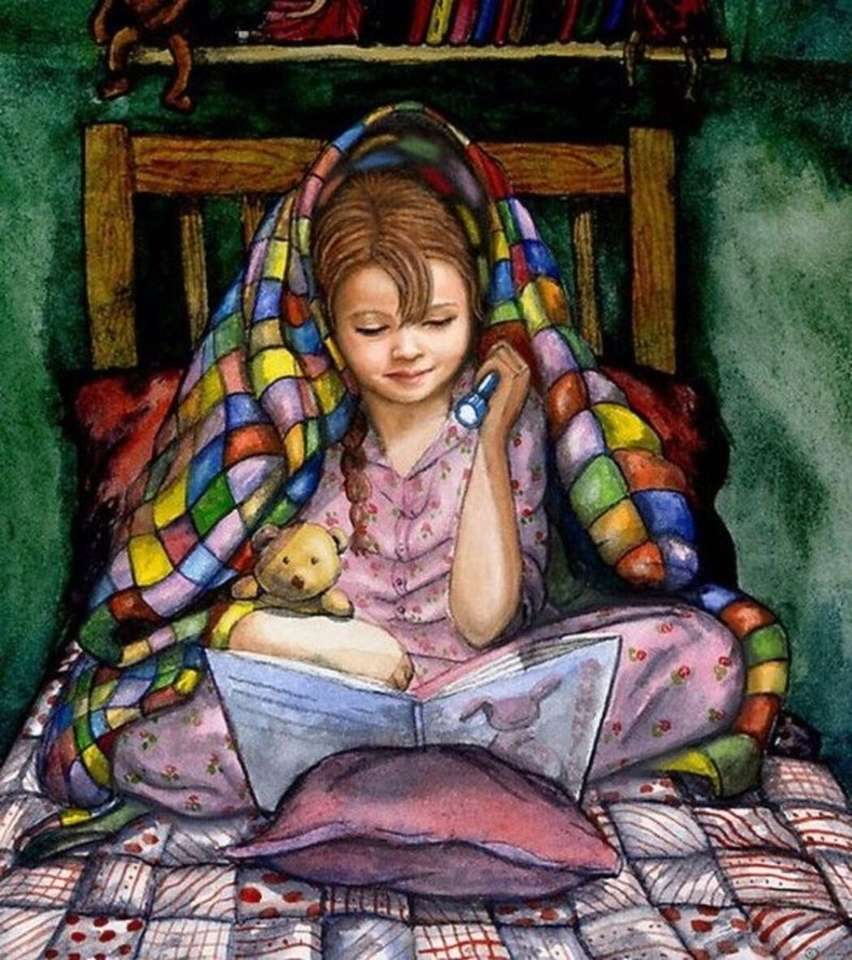 Malá holčička čtení pod lampou online puzzle