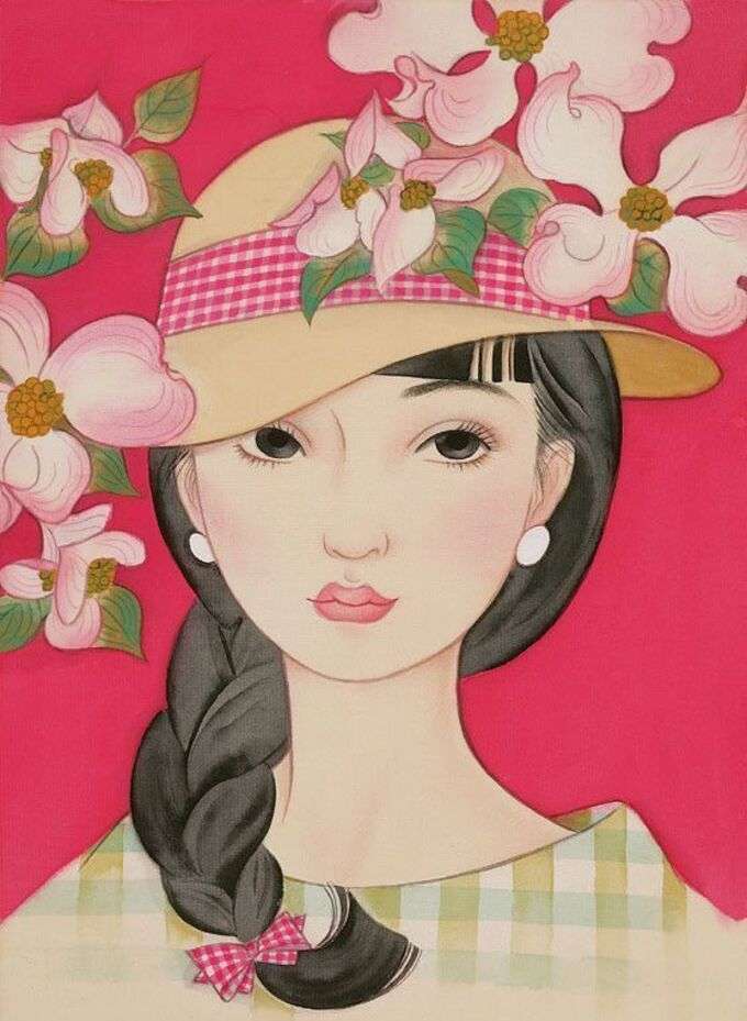 Женщина в цветочной шляпе онлайн-пазл