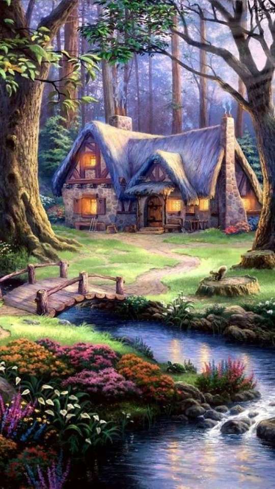Peinture maison dans la forêt avec ruisseau puzzle en ligne