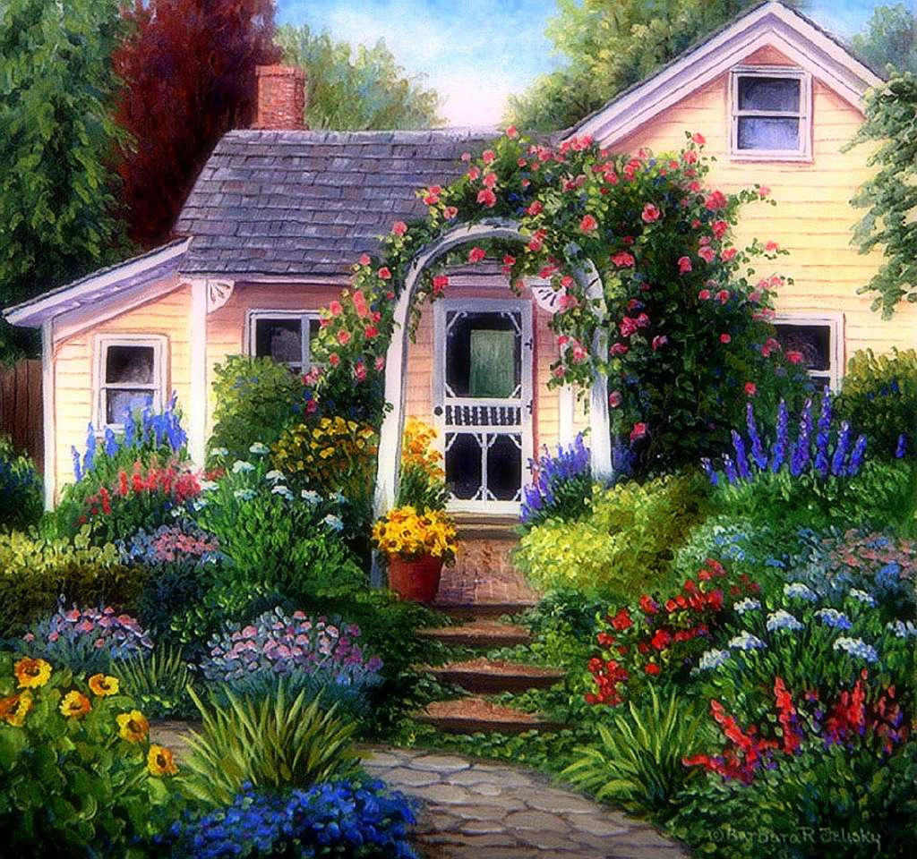 Картина дом с садом онлайн-пазл