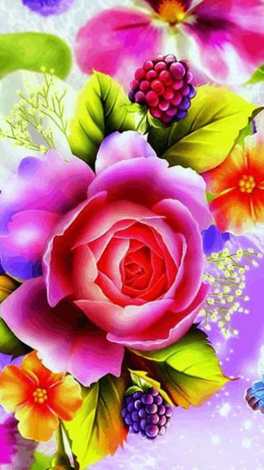 Rosa-lila ros med blommor och bär Pussel online