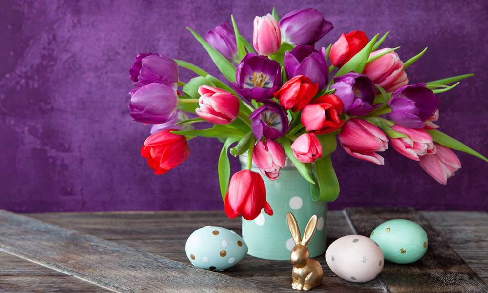 Buquê de Páscoa de tulipas coloridas de Páscoa puzzle online