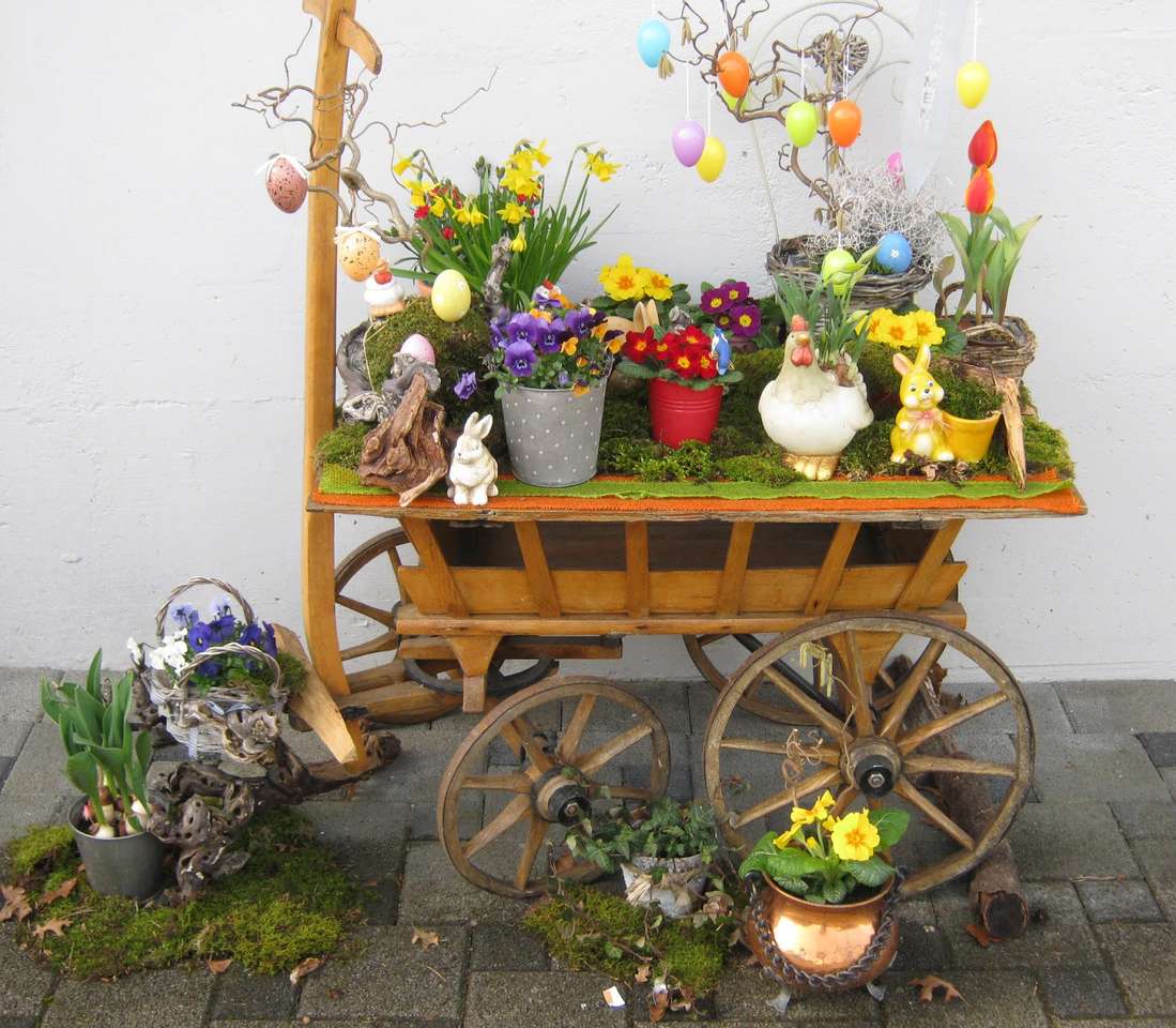 Velikonoce Velikonoční dekorace na žebříkovém vozíku skládačky online