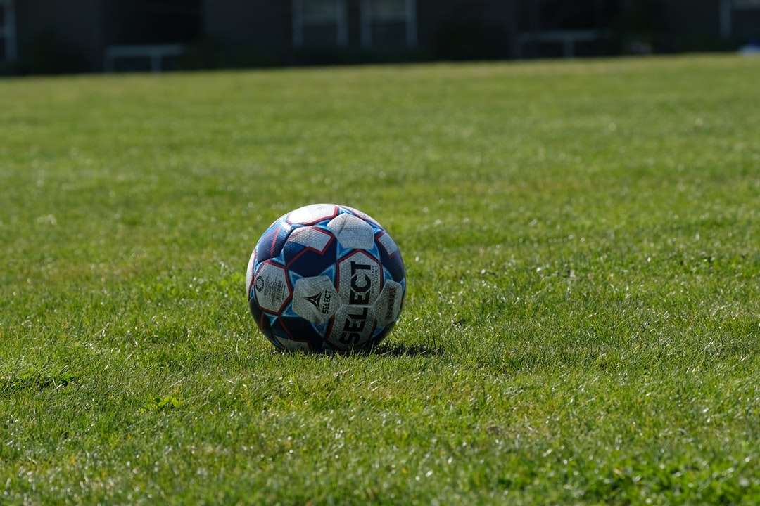 Ballon de football bleu blanc et rouge sur terrain d'herbe verte puzzle en ligne