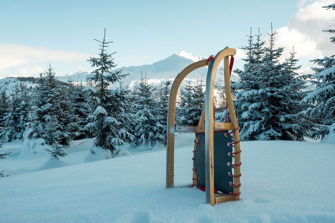Traîneau à neige en bois brun sur un sol couvert de neige pendant la journée puzzle en ligne