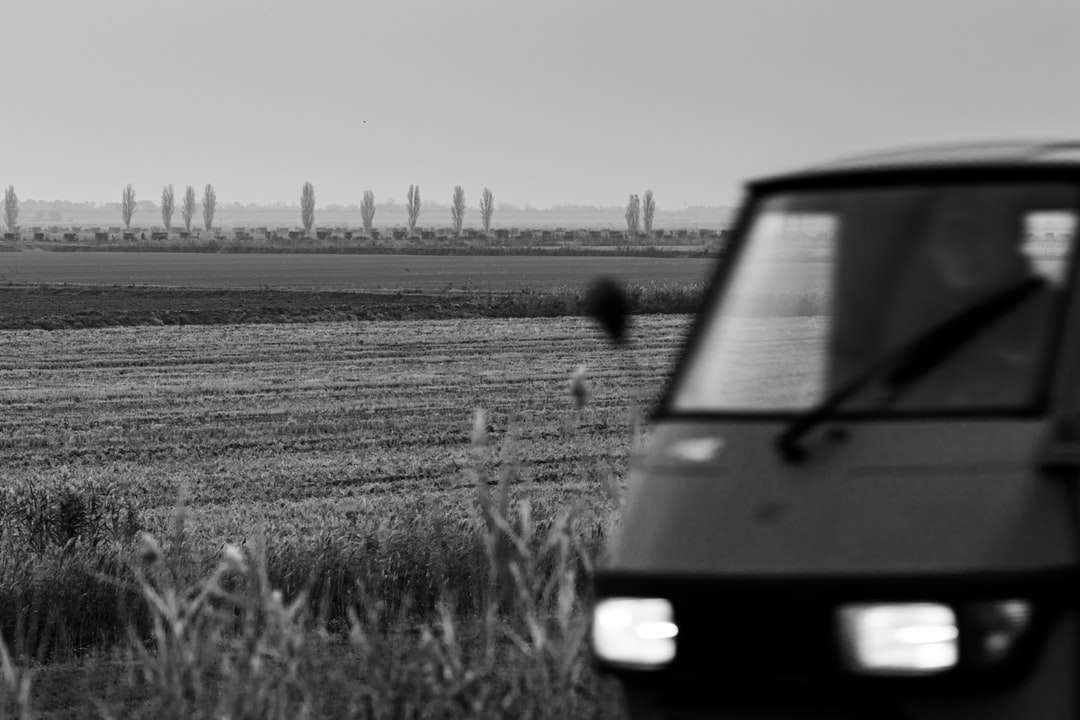 фото фургона в оттенках серого на травяном поле онлайн-пазл