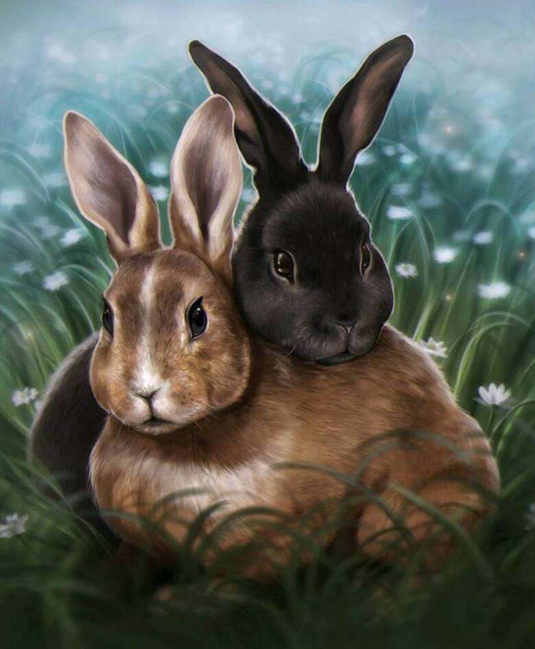 Dos conejos pequeños en el prado. rompecabezas en línea