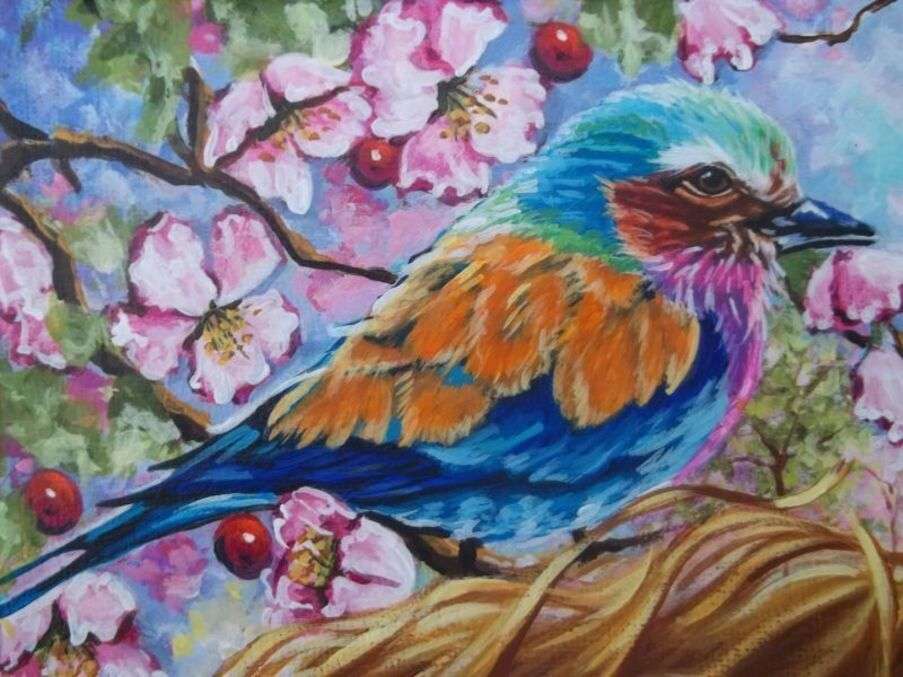 L'oiseau sur la branche en fleurs. puzzle en ligne