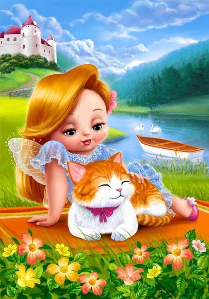 Bambina e il suo gatto sul bordo del lago. puzzle online