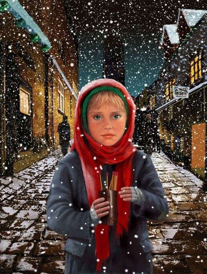 Ung tjej på vintern under den fallande snön. pussel på nätet