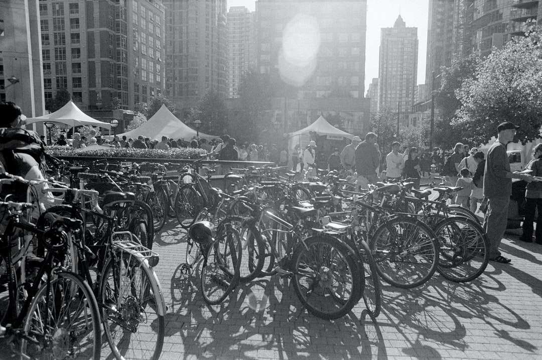 Foto in scala di grigi di biciclette parcheggiate sul lato della strada puzzle online