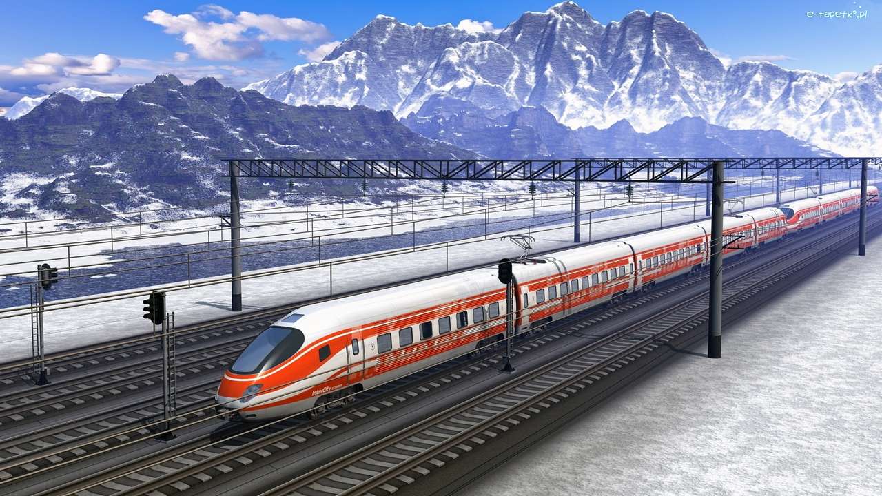 Elektrische trein in de winter in de bergen legpuzzel online
