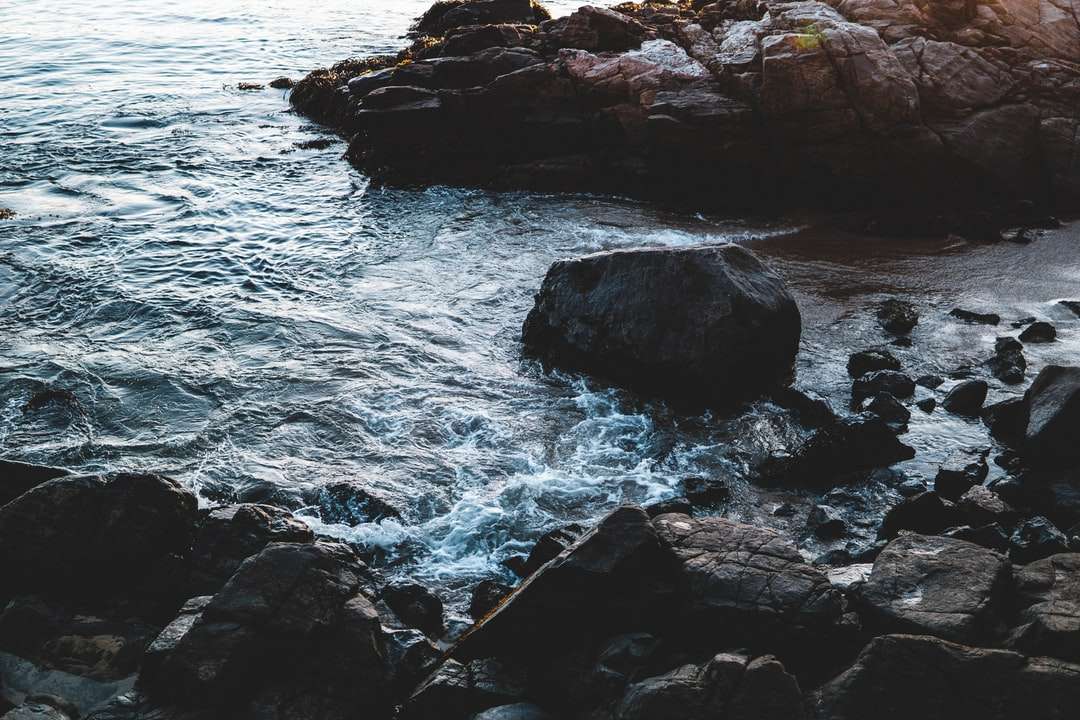 Riva rocciosa marrone con onde dell'oceano che si schianta sulle rocce puzzle online