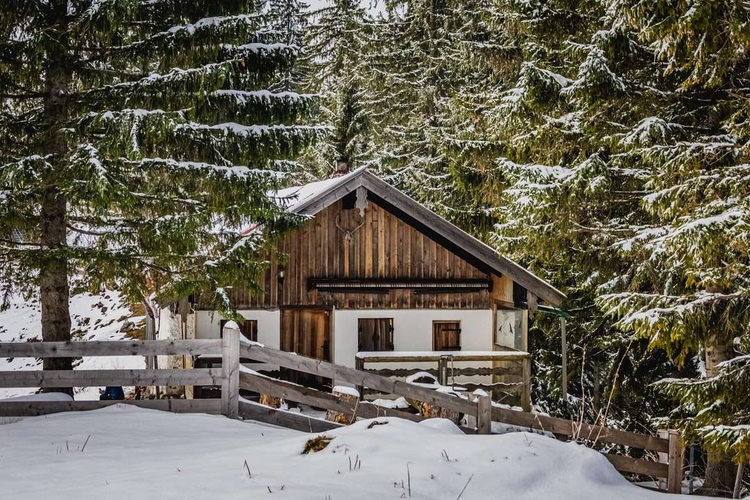Braunes Holzhaus, umgeben von schneebedeckten Bäumen Puzzlespiel online