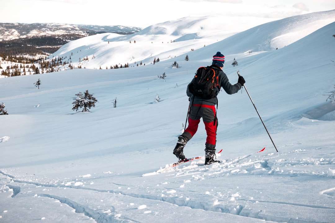 Mann in der schwarzen Jacke und der schwarzen Hose, die Ski-Klingen fahren Puzzlespiel online