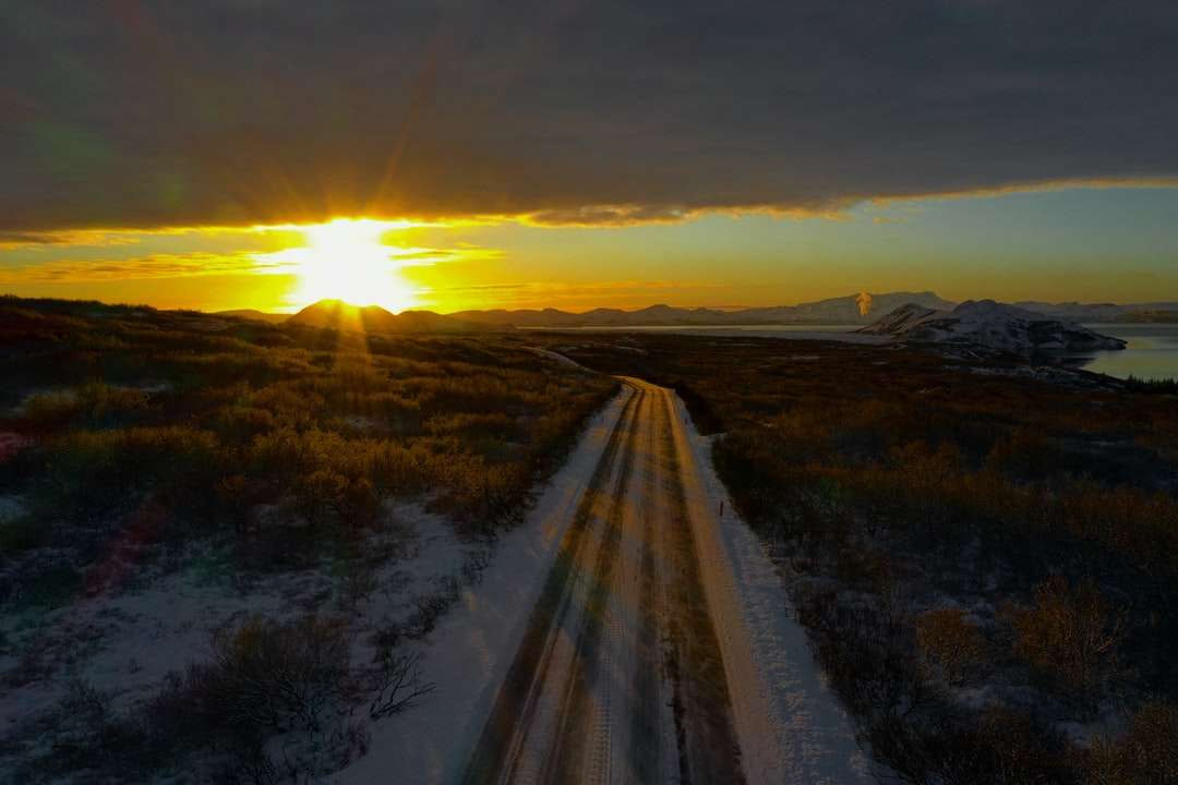 Γκρίζο δρόμο ανάμεσα στο πράσινο χόρτο πεδίο κατά τη διάρκεια του ηλιοβασιλέματος online παζλ