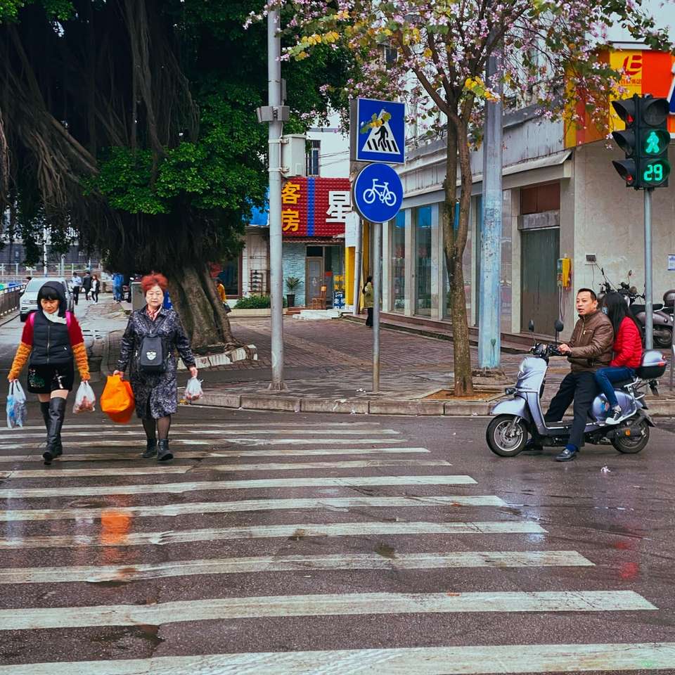 Menschen, die das Motorrad auf der Fußgängergasse tagsüberfahren Online-Puzzle