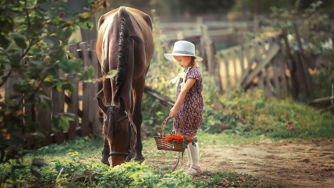 Una niña con una cesta al lado de un caballo. rompecabezas en línea