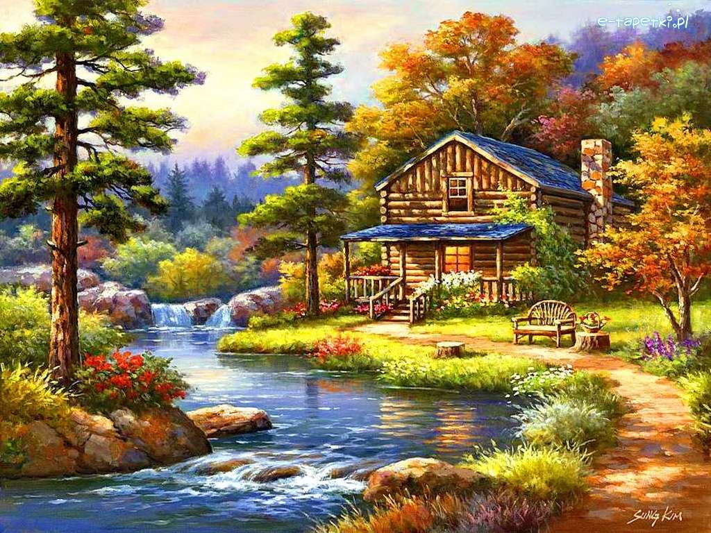 Une maison dans la forêt au bord de la rivière puzzle en ligne