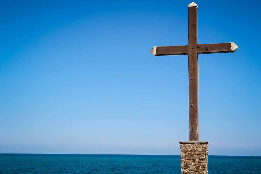 Hnědý dřevěný kříž na pláži během dne online puzzle