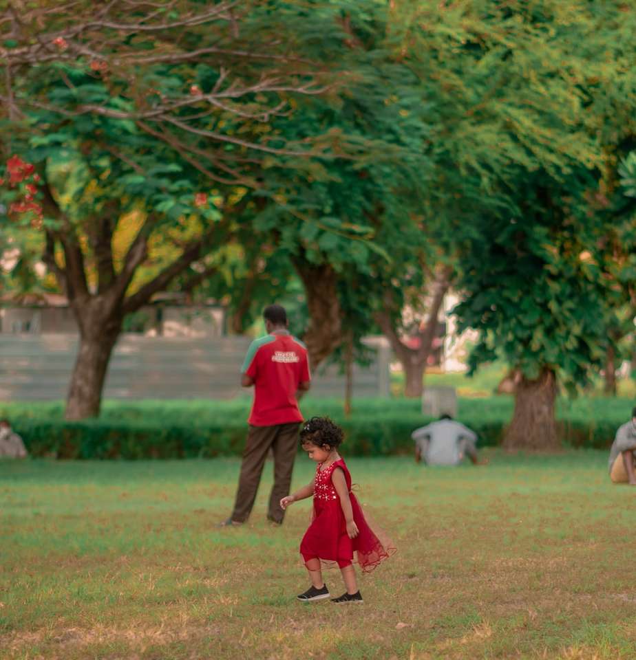 Pojke i röd skjorta som går på grönt gräsfält under dagtid Pussel online