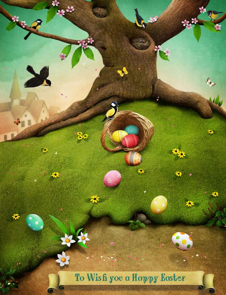 Easter eggs under the tree jigsaw puzzle online