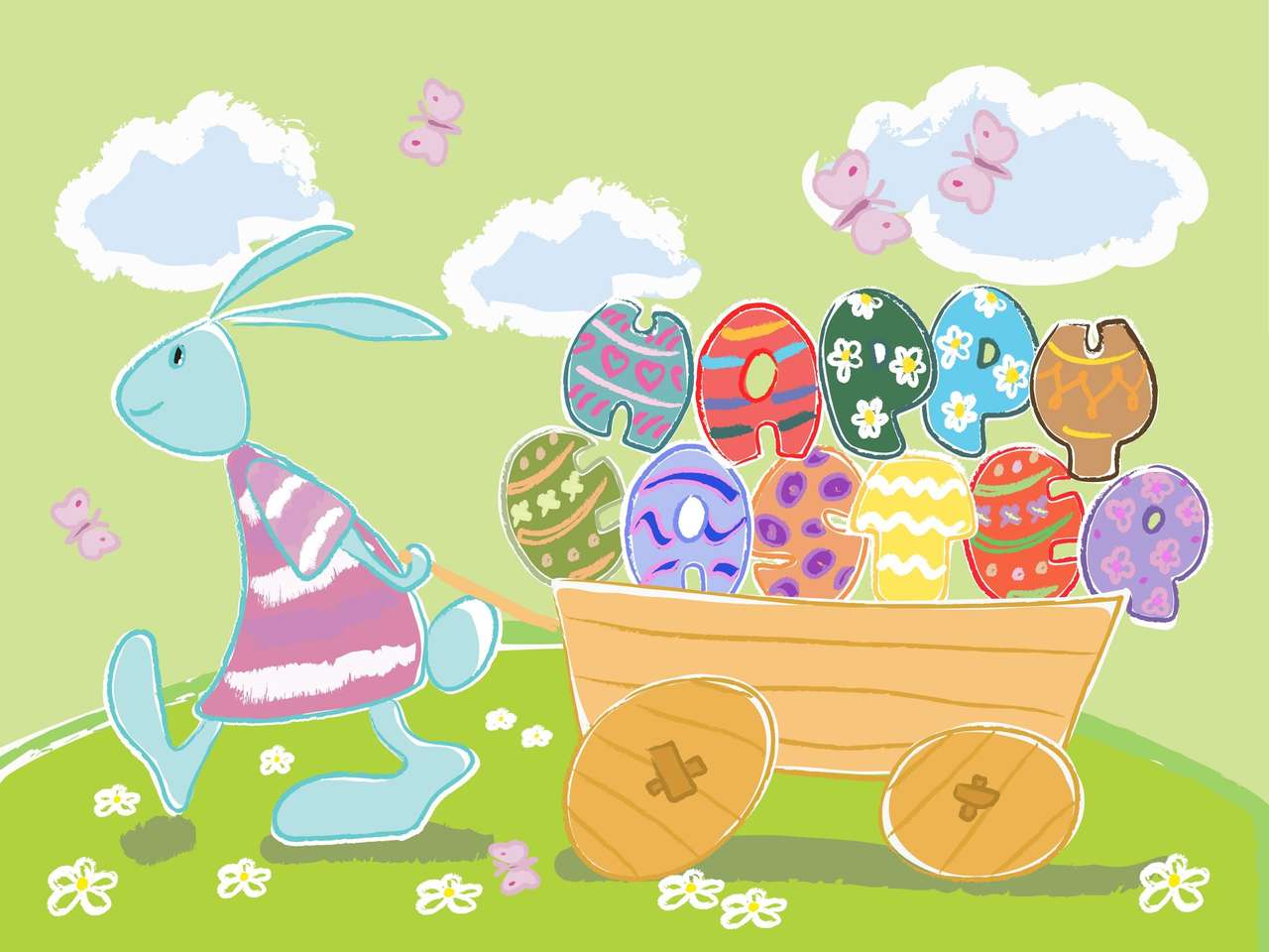 Мультяшный пасхальный кролик с пасхальными яйцами пазл онлайн