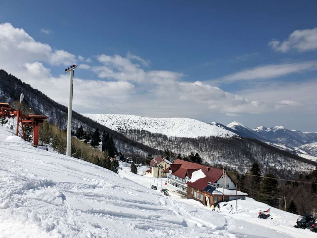 Casas de madera marrones en suelo cubierto de nieve debajo del cielo azul rompecabezas en línea