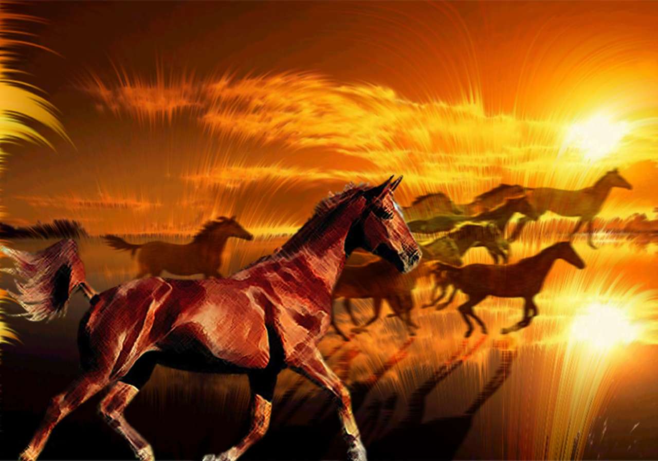 Hästar körs när soluppgången pussel på nätet