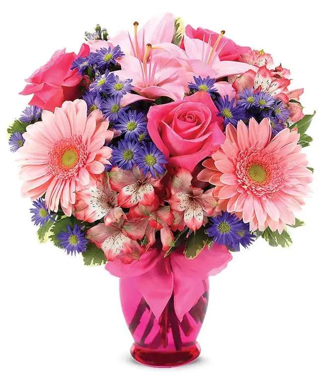 Bouquet pink pink blue in pinky glass vase jigsaw puzzle online