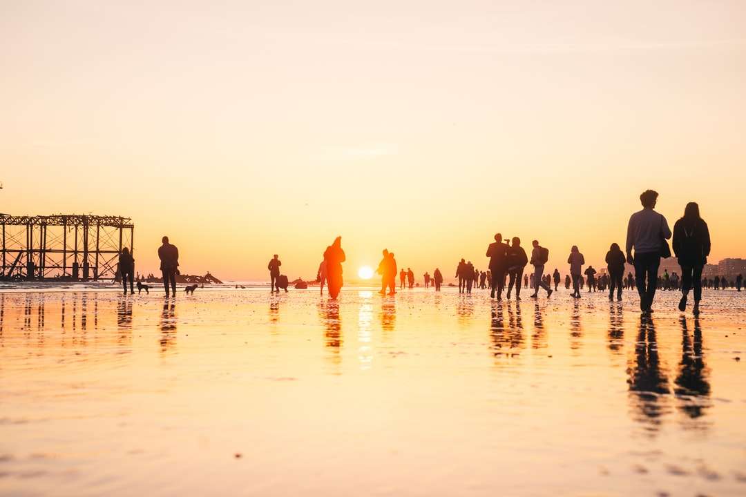 Leute am Strand während des Sonnenuntergangs Puzzlespiel online