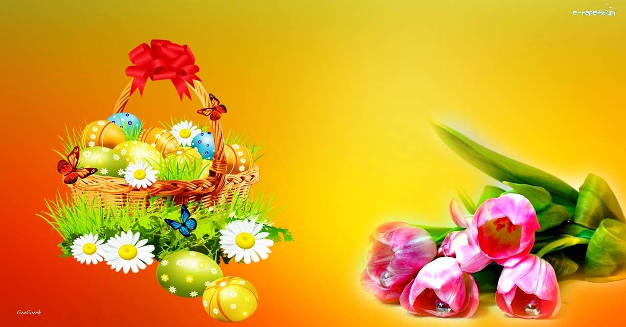 Fleurs, panier, oeufs de Pâques puzzle en ligne