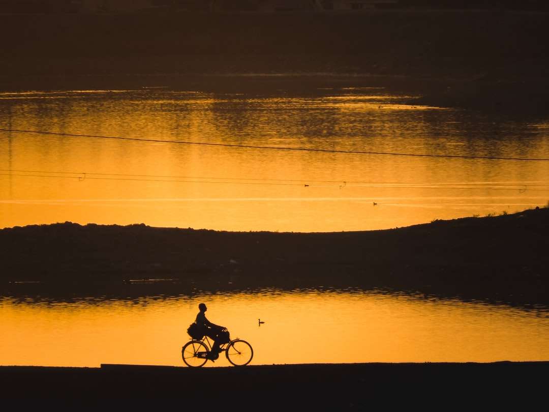 Silhouet van 2 mensen fietsen op kust online puzzel