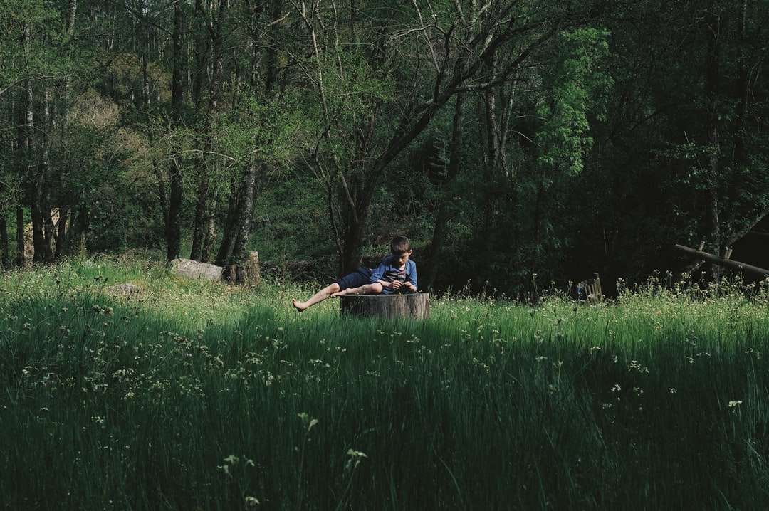 мужчина в синей рубашке сидит на коричневой деревянной лодке онлайн-пазл