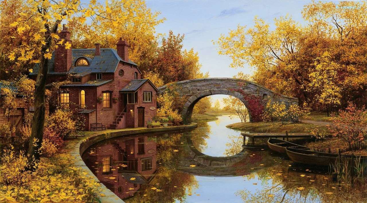 Къща край реката с мост през есента онлайн пъзел
