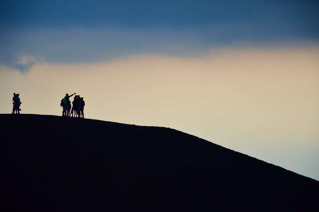 силует 2 людей, що стоять на вершині пагорба під час заходу сонця пазл онлайн