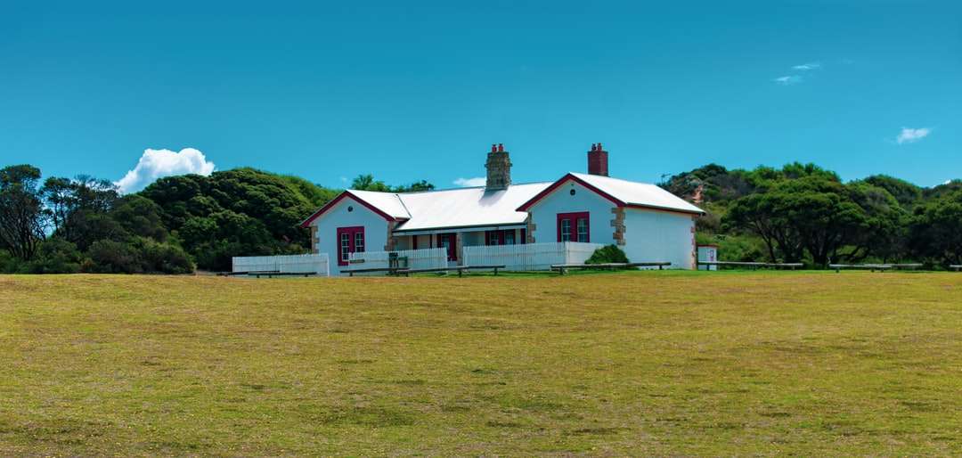 Wit en rood huis op groen grasgebied onder blauwe hemel online puzzel