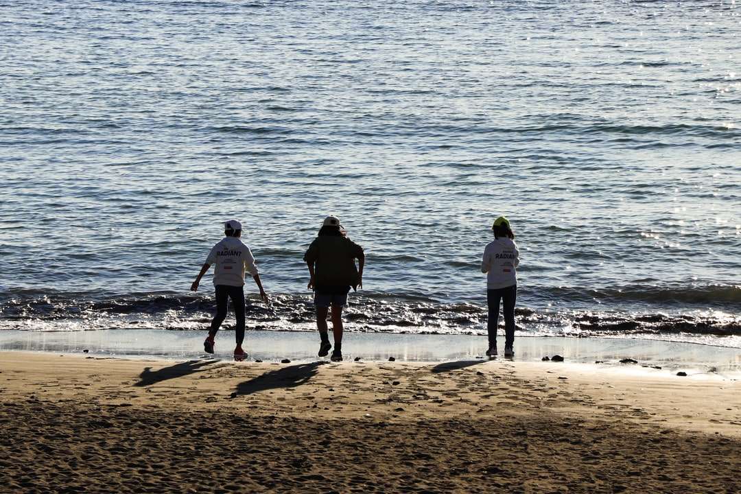 3 hombres de pie en la playa durante el día rompecabezas en línea