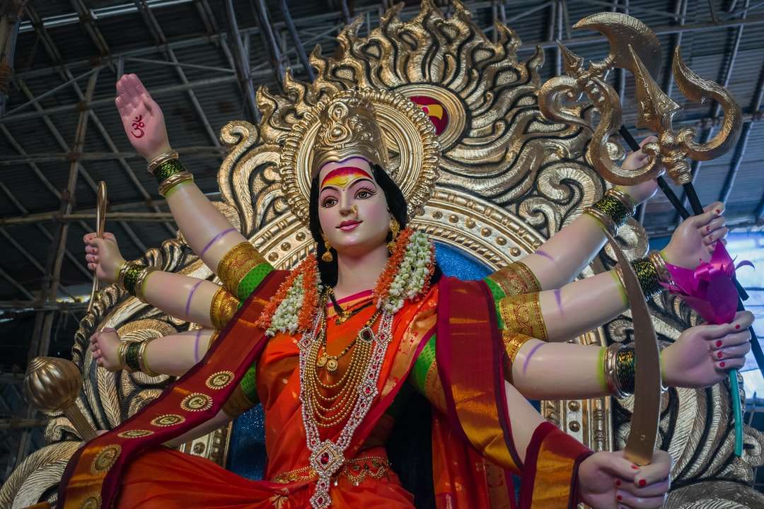Kvinna i röd och guld sari klänning pussel på nätet