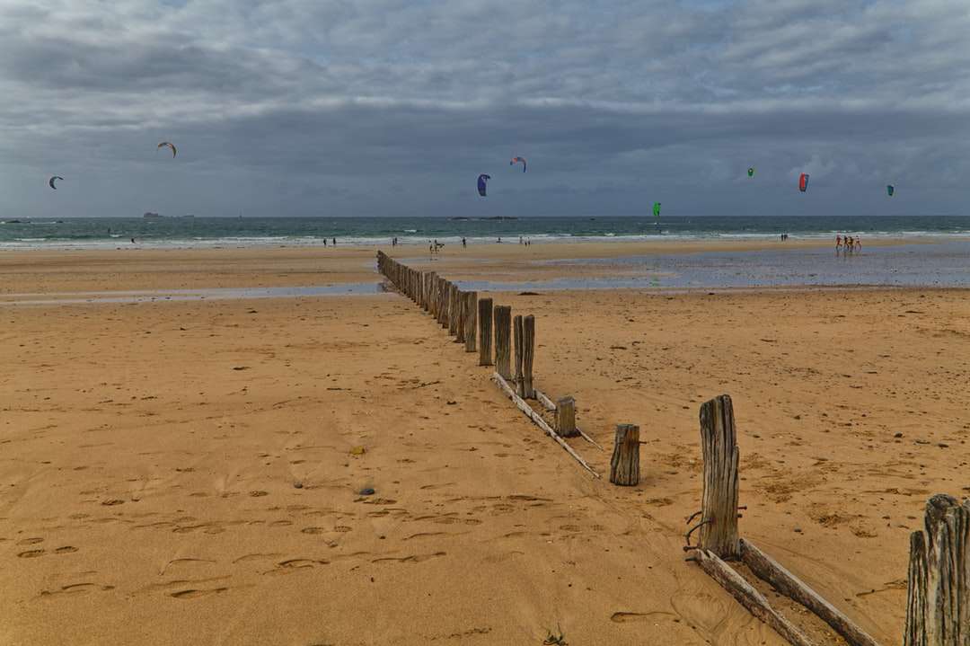 Gard de lemn maro pe nisip maro aproape de mare sub cerul noros jigsaw puzzle online