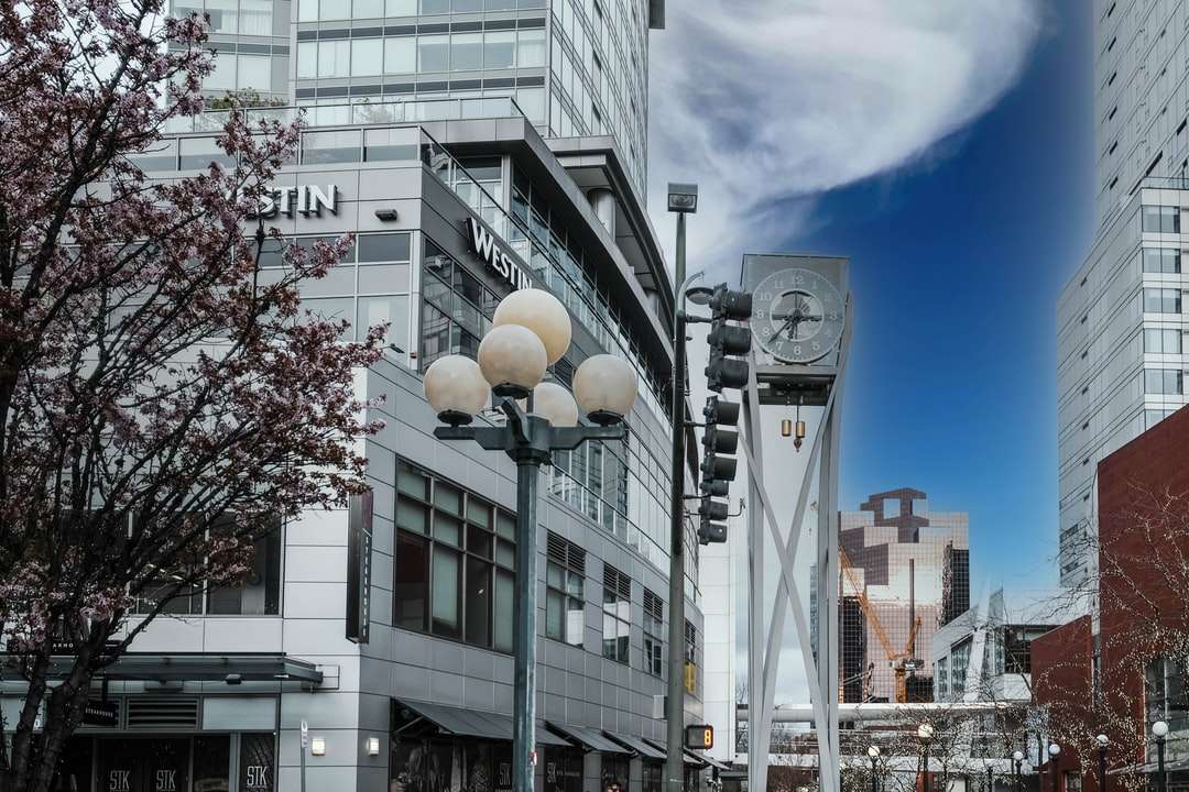 Bílá a šedá betonová budova pod modrou oblohou online puzzle