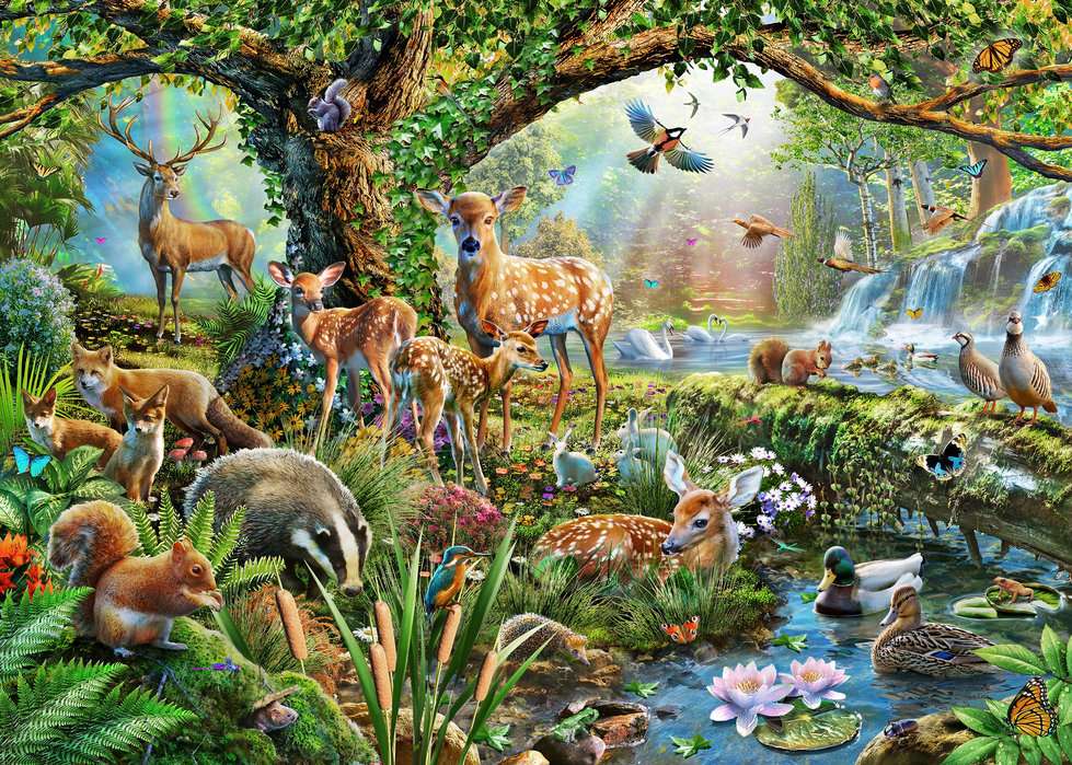 Animale în pădure la un curs de apă jigsaw puzzle online