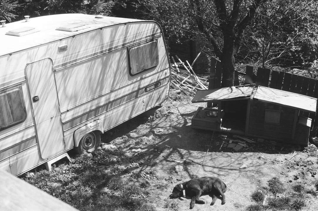 Gråskala Foto av vit och brun camper trailer pussel på nätet