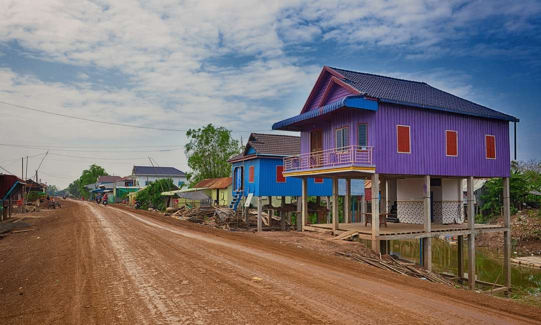 青空の下の道路の近くに青とピンクの木造住宅 ジグソーパズルオンライン