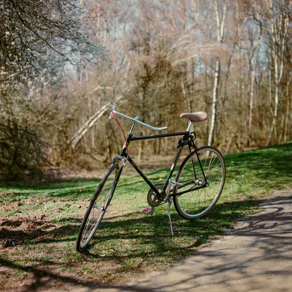 Schwarzes und graues Fahrrad auf brauner Schmutzstraße Online-Puzzle