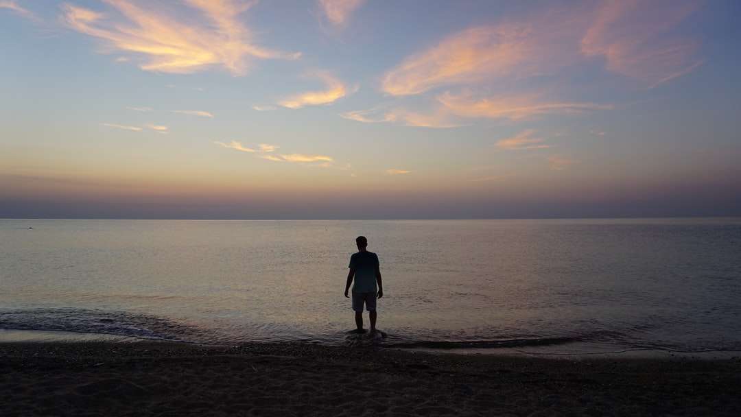 Man i svart jacka som står på stranden under solnedgången Pussel online