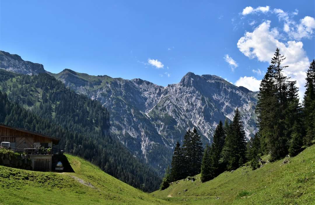 Grüne Grasfeld in der Nähe von Berg unter blauem Himmel Puzzlespiel online