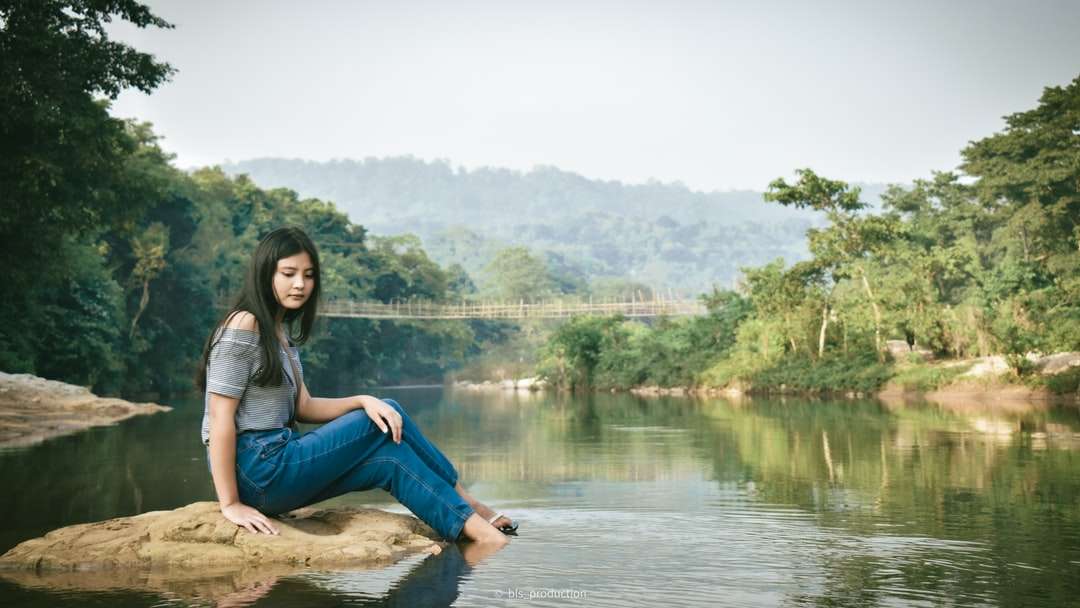 Mujer en jeans de mezclilla azul sentado en roca marrón cerca del lago rompecabezas en línea