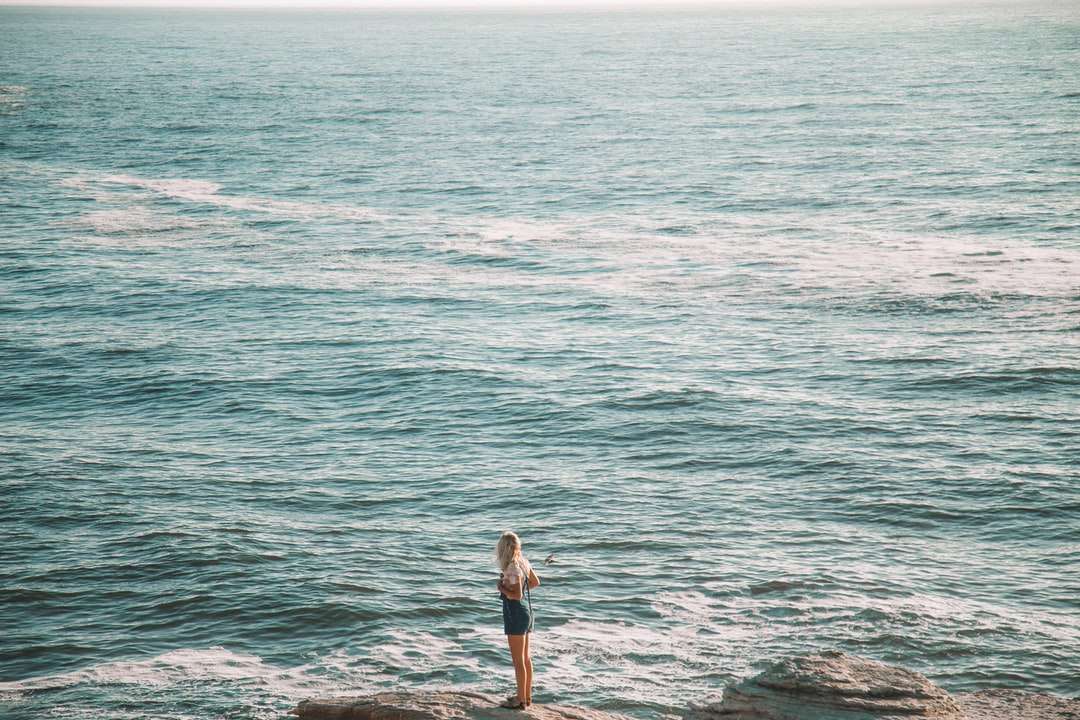Donna in camicia bianca e pantaloncini neri in piedi sulla riva del mare puzzle online
