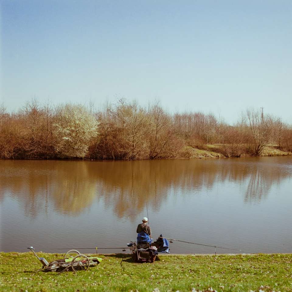 Hombre en chaqueta roja sentado en un banco de madera marrón cerca del lago rompecabezas en línea